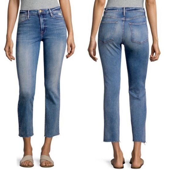 Frame Denim Denim - Frame Roxton Blue Wash Le High Straight Distressed Raw Edge Hem Crop Ankle Jeans